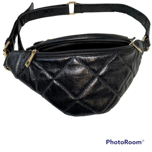 SOLD Quilted Vegan Faux Leather Belt Bag Adjustable Fanny Pack Metallic Black - Picture 10 of 10